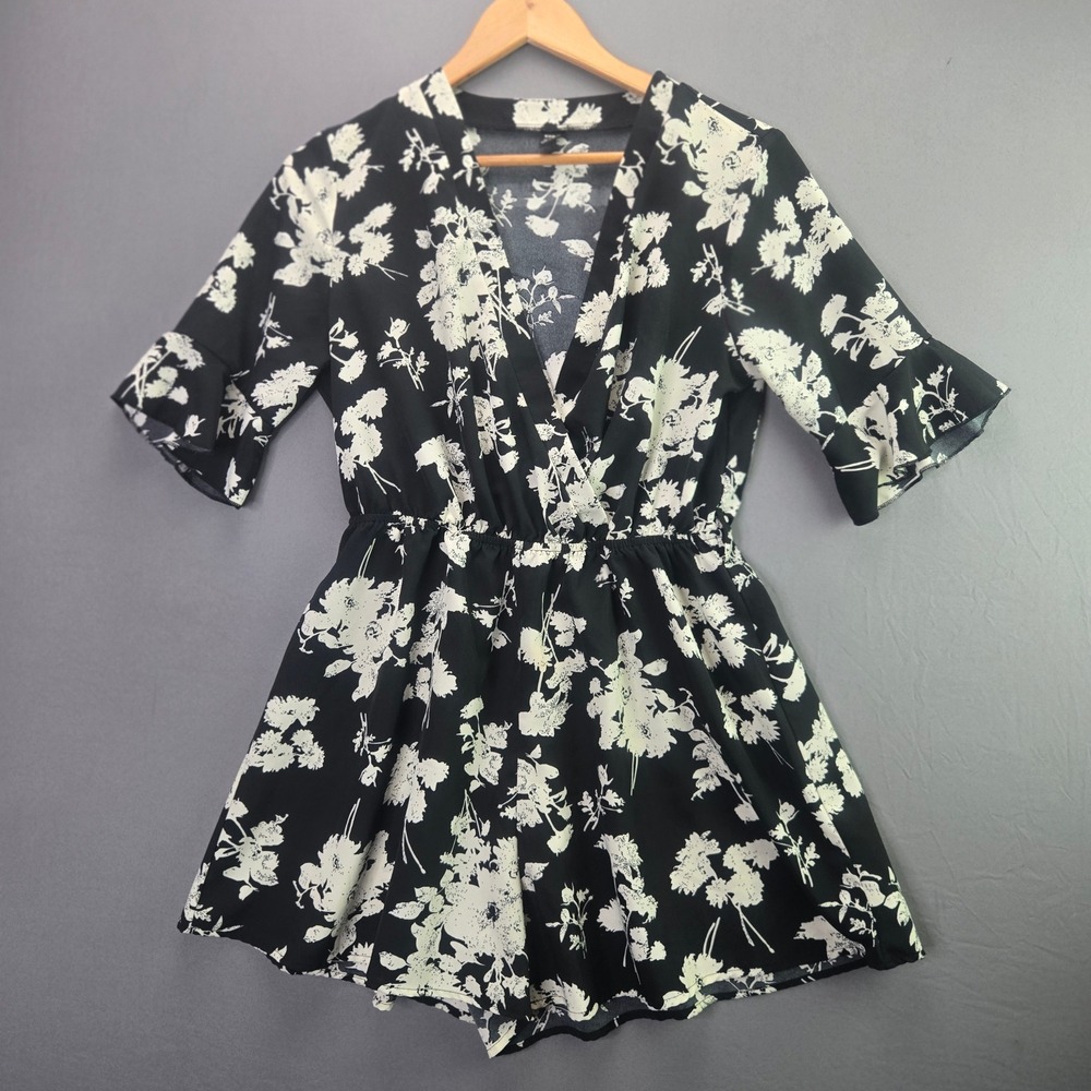 SHEIN Floral Romper M Black White Wrap V-Neck Flutter Sleeve Elastic Waist 3527